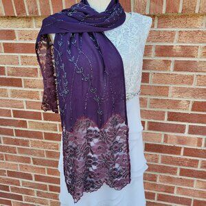 Chico's Wrap Scarf Elegant Beading and Lace Purple and Black